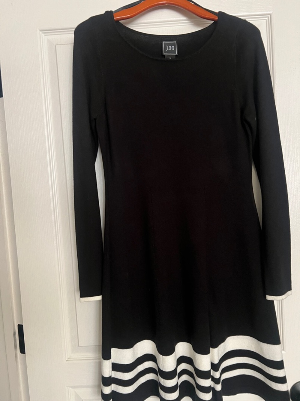 JH Black Knit Fit-and-Flare Dress with White Striped Hem